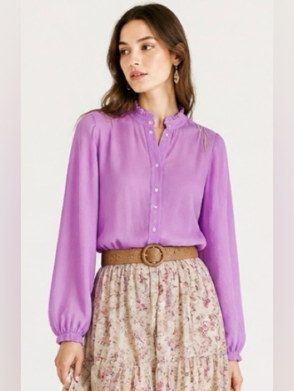ANTIK BATIK Paris Yvonne Ruffle Blouse Purple Boho Lightweight Long Full Sleeves